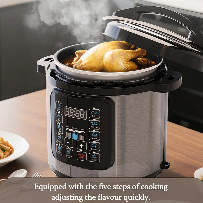 Electric pressure cooker releasing steam with open lid, stainless pot and control panel