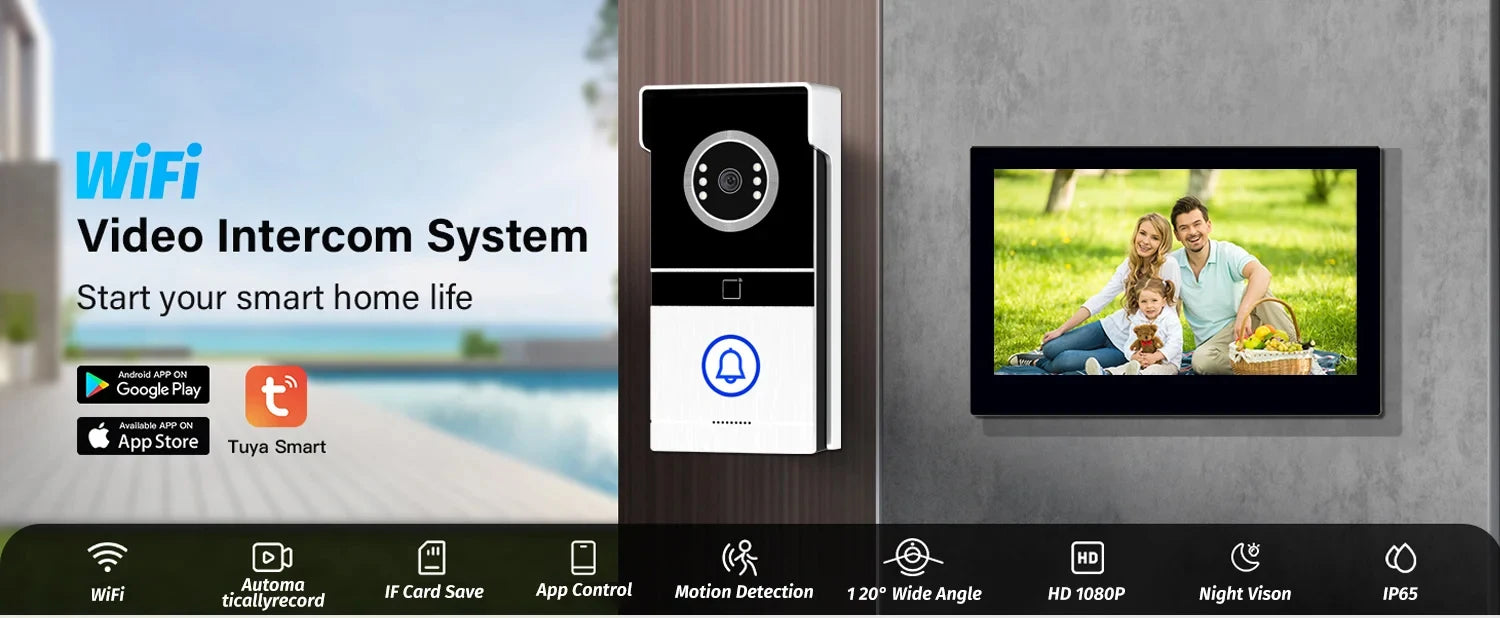Tuya WiFi Video Intercom with 7'' HD Display, Dual-Mode Night Vision & Waterproof Design, Video Door Bell for Villa/Gate