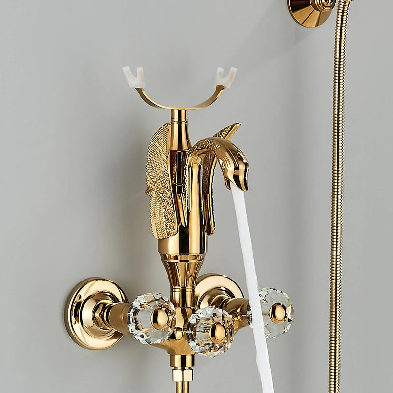 Golden Swan Bathtub Shower Faucet Wall Mounted Hot Cold Water Bath Tub Faucet Rotate Spout Dual Handles