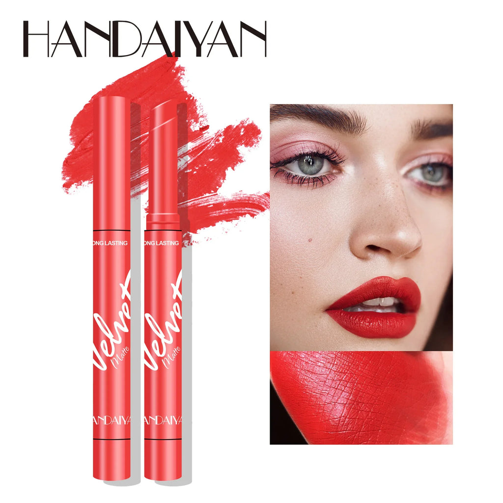 Handaiyan 8pcs velvet matte lipstick set, long-lasting red lip color with creamy texture and model application swatch.