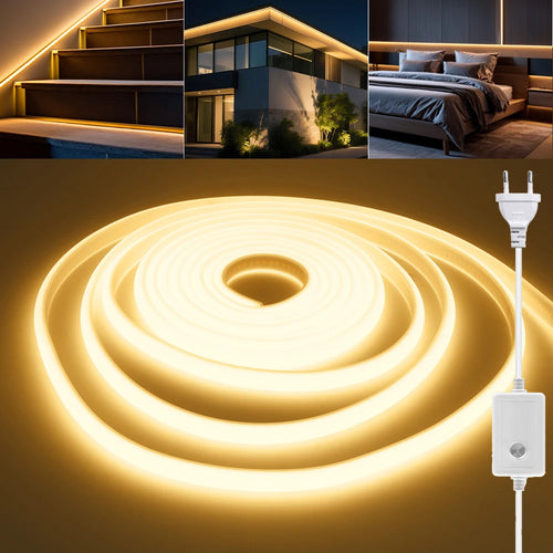 Warm white LED light strip with inline dimmer and EU plug, flexible neon rope