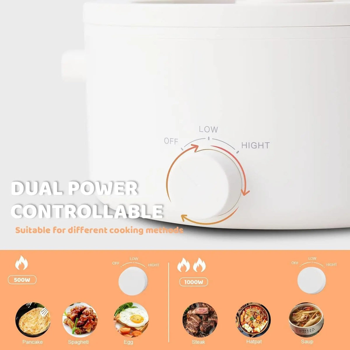 Electric hot pot base with temperature knob and curved dial indicator in white