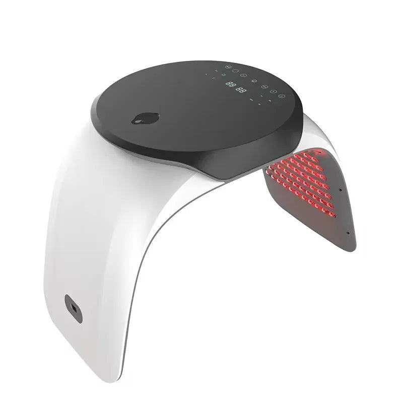 White and black 7-color LED facial mask for red light skin rejuvenation therapy with digital display controls.