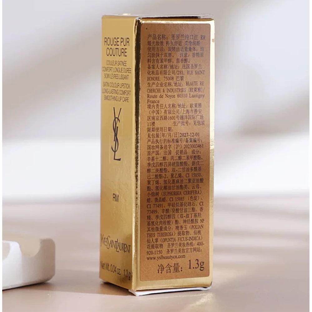 YSL Rouge Pur Couture Satin Lipstick mini in Nu Muse, 1.3g gold packaging, moisturizing long-lasting lip makeup.