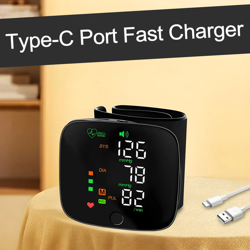 Rechargeable Wrist Blood Pressure Monitor Medical Tensiometro Health Sphygmomanometer Tonometer Heart Rate USB LED Display