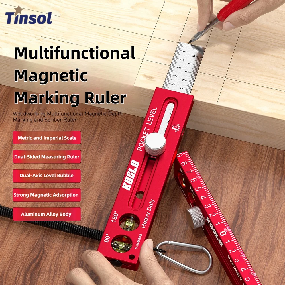 TINSOL Multi-functional Magnetic Marking Ruler Aluminum Alloy Ruler with Level Marking, Metric and Imperial, for Woodworking