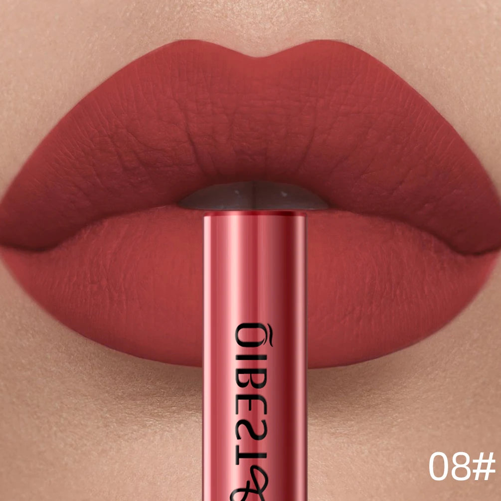 QIBEST velvet matte liquid lipstick in a sexy red shade, showing long-lasting, nonstick finish on lips.