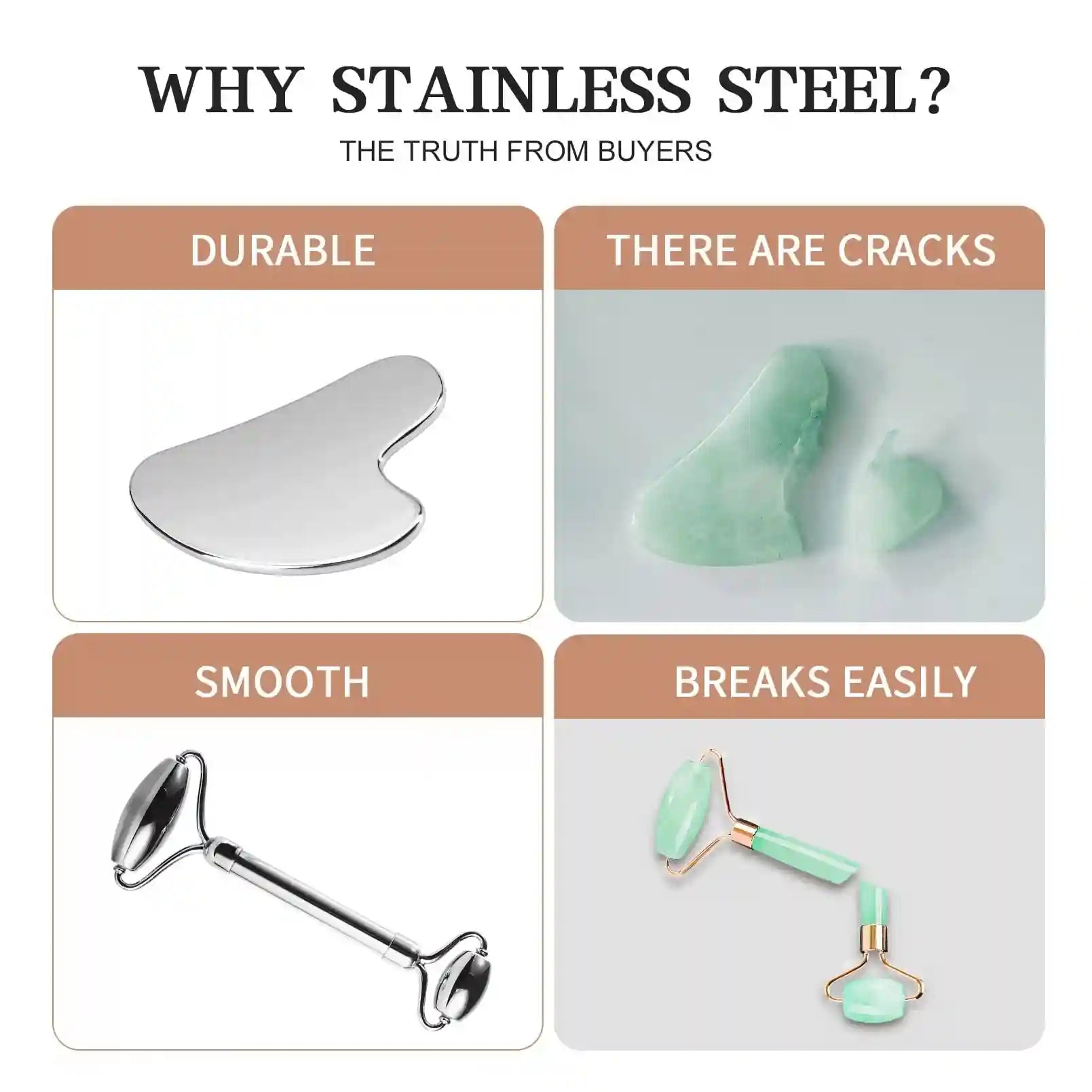 Comparison of a durable silver stainless steel facial roller and gua sha vs. fragile green stone versions.
