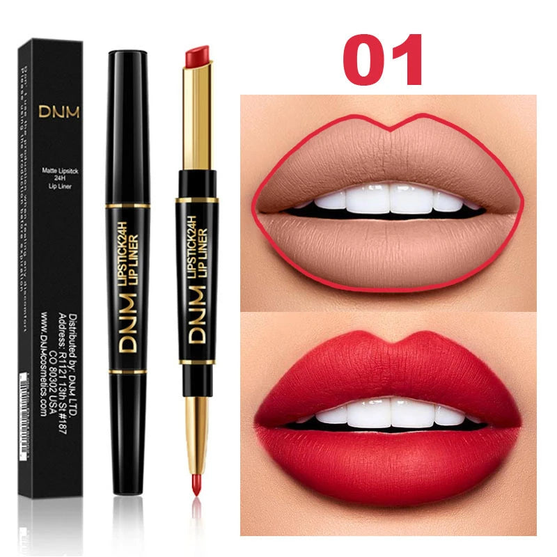 DNM 2-in-1 waterproof matte lipstick pencil and lip liner set in red and nude shades for long-lasting lip makeup.