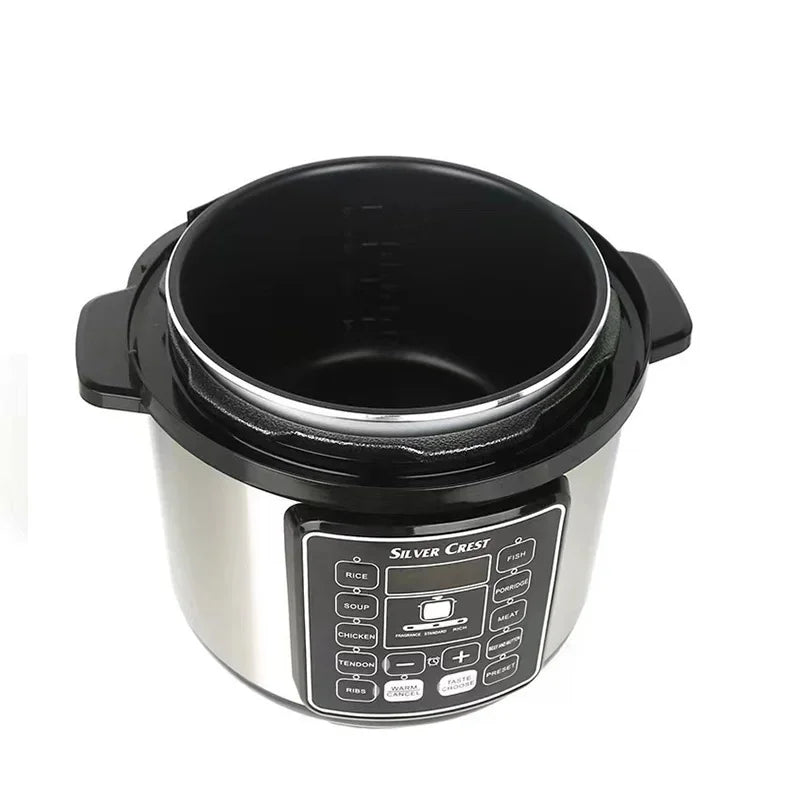 Stainless electric pressure cooker front view with black lid and button panel