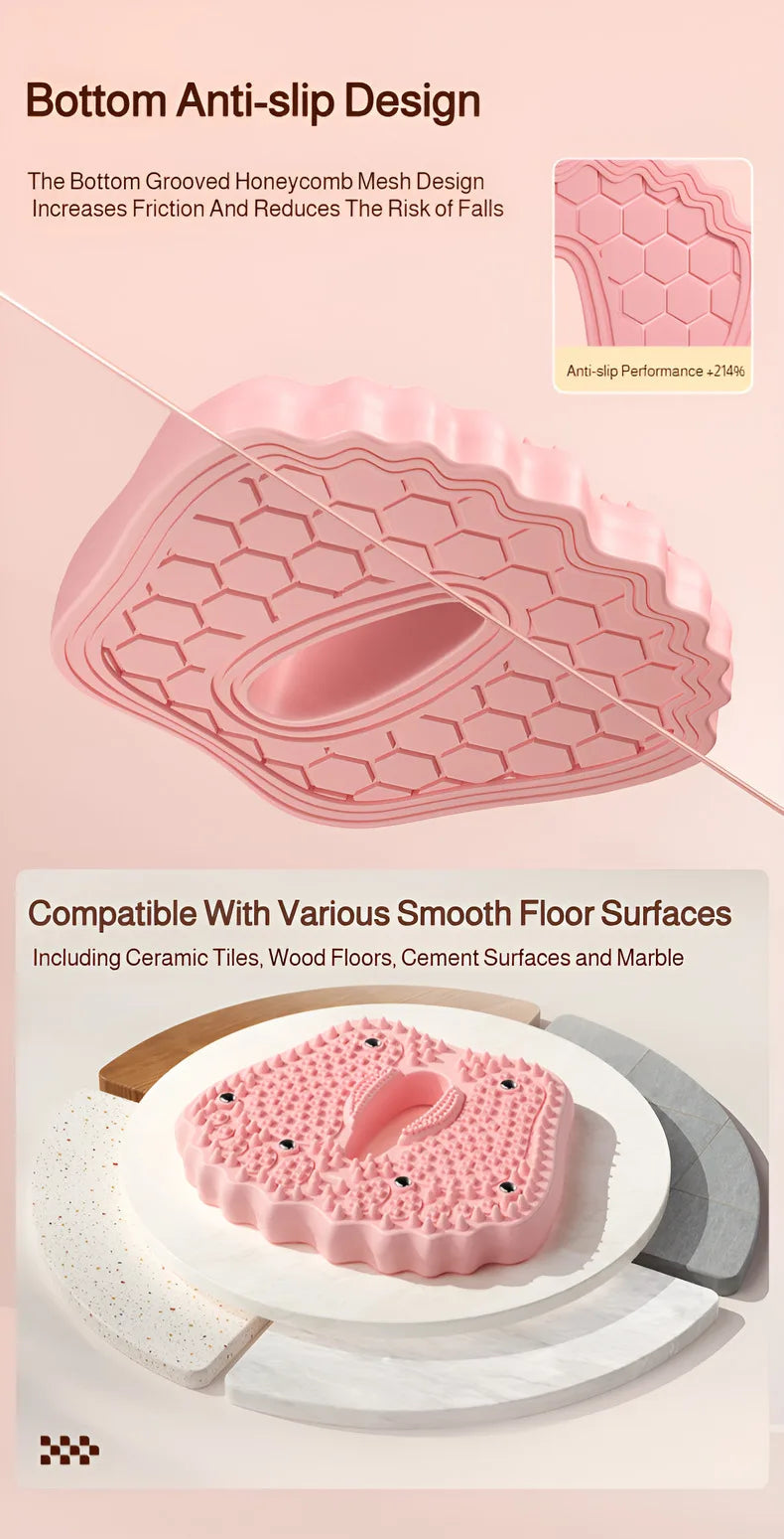 Pink inflatable foot massage mat with textured acupoints, magnetic stones, and an anti-slip honeycomb base.