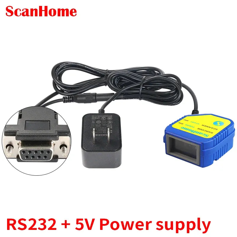 Blue barcode scanner module with LCD window, serial connector, and 5V power adapter