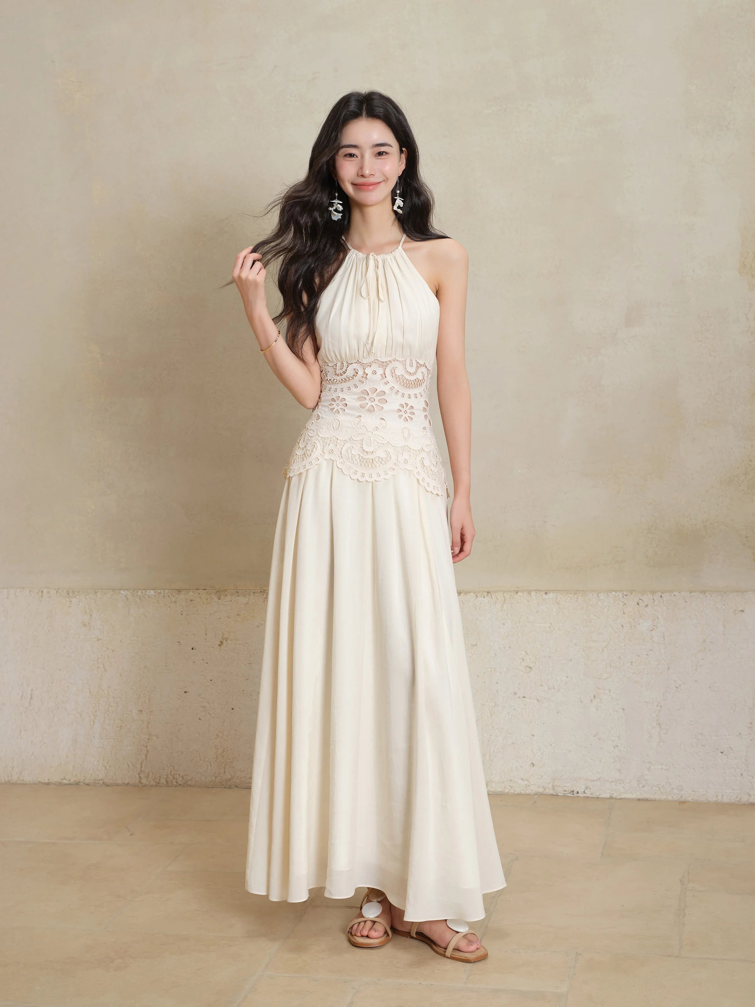 Lace Halter Maxi Dress Women Summer A-Line Slim Fit French Style Elegant Long Dress Hollow Out Sleeveless Fake Two-Piece Outfit