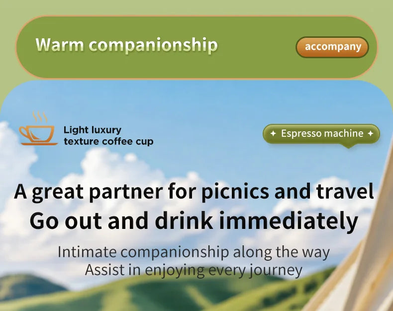 Light luxury portable espresso machine for travel and picnics, designed for immediate coffee brewing on the go.