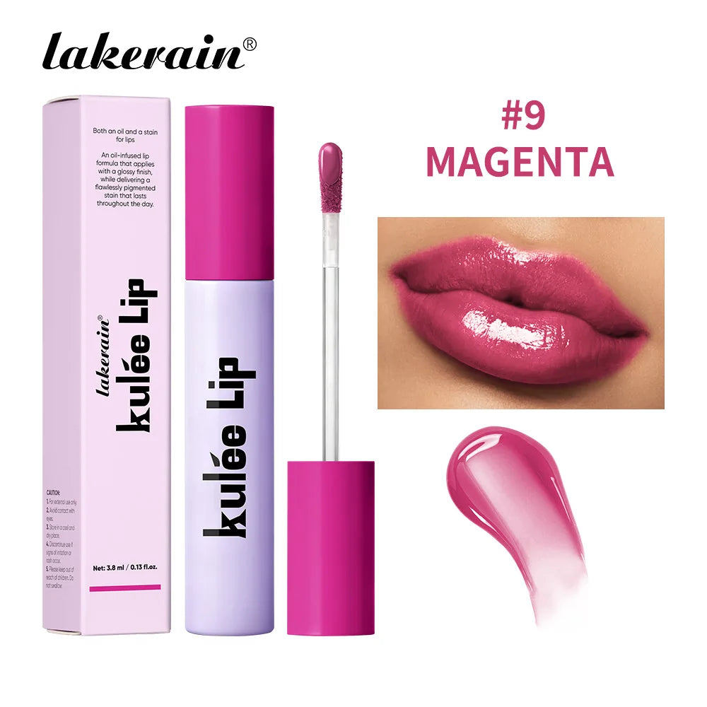 Lakerain Kulfée moisturizing magenta lip oil with glossy finish and non-sticky smooth glide applicator.