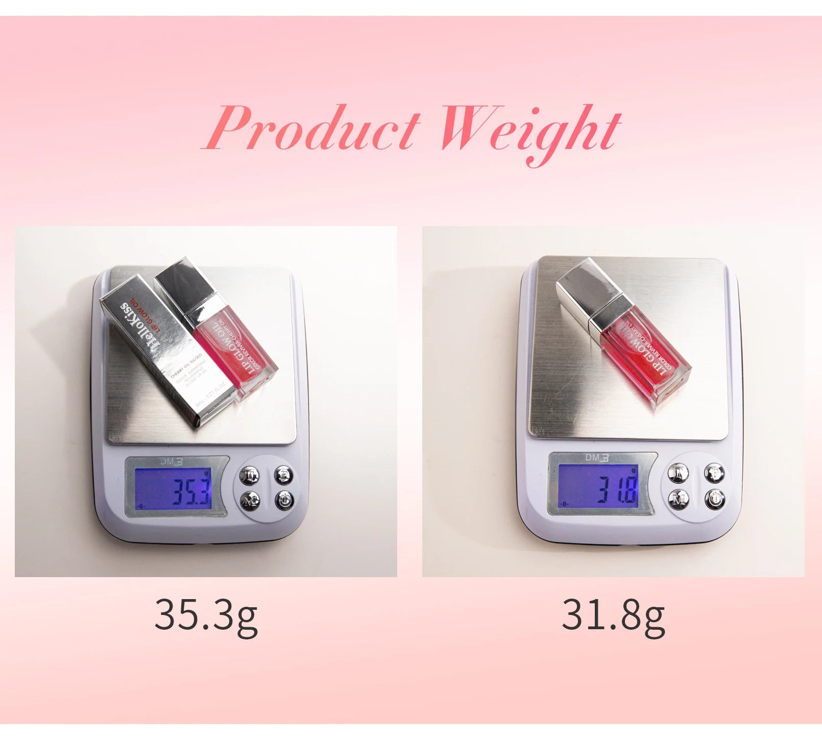 Crystal jelly plumping lip oil in cherry red tinted gloss on a digital scale for weight measurement.