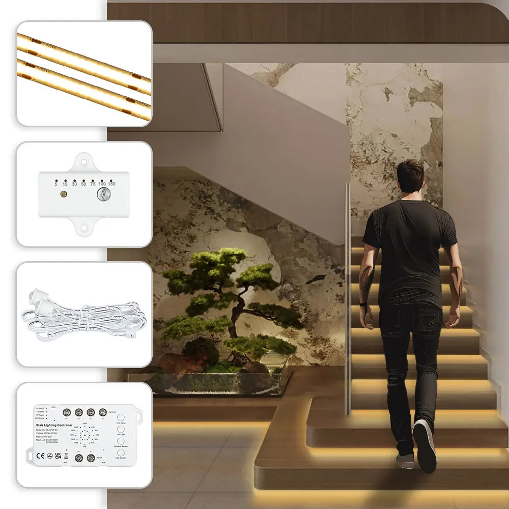 5-30 Steps New Tuya Wifi Staircase Light Kit Motion Sensor Wall Switch Remote APP Control Stair LED Strip Full Set STEP-E4