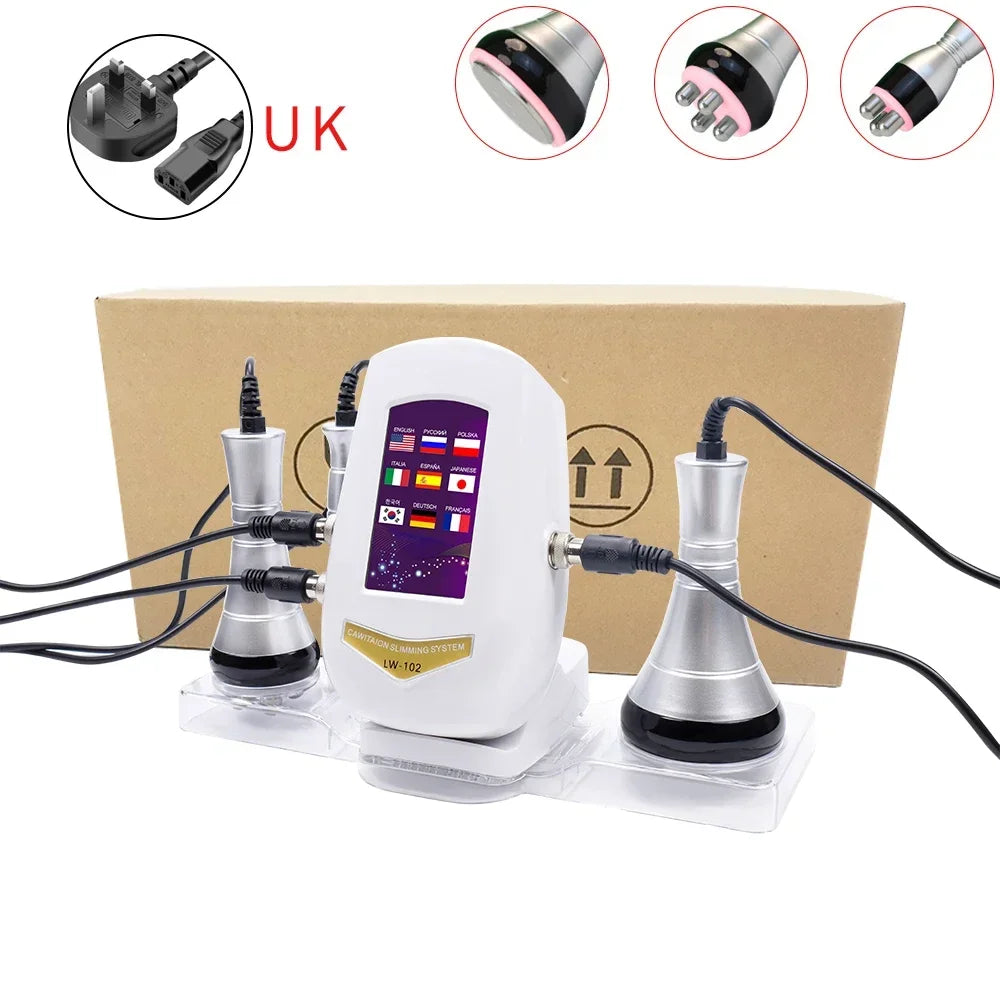 White 40k body slimming machine with digital touchscreen, multiple probes, and power cord, on a clear plastic base.