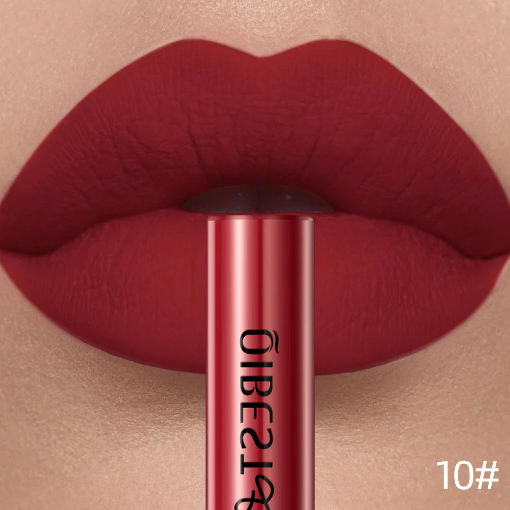 QIBEST sexy red velvet matte liquid lipstick on lips for a long-lasting, non-stick, full-coverage makeup finish.