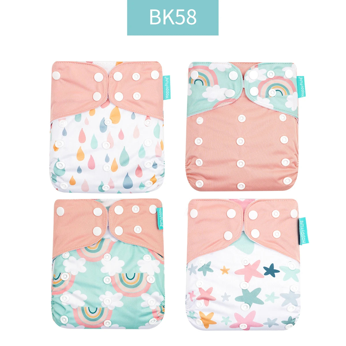 Set of 4 Happy Flute reusable cloth diapers for babies with rainbow, cloud, rain, and star prints.
