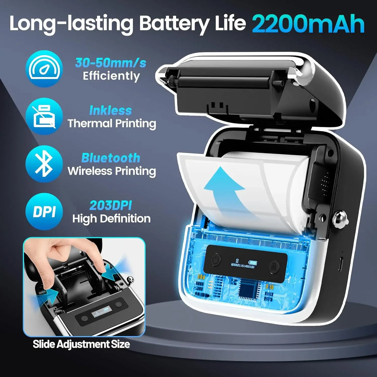 Portable thermal label printer with roll loaded and top cover flipped open