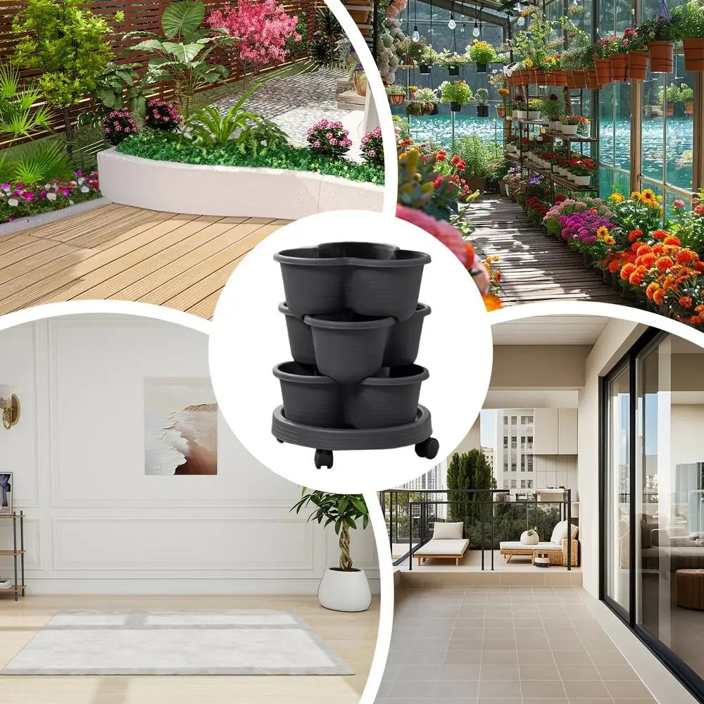 4pcs/set Stackable Vertical Flower Pot Plastic Garden Planter Tower with Movable Casters Strawberry Seedling Frame Decoration