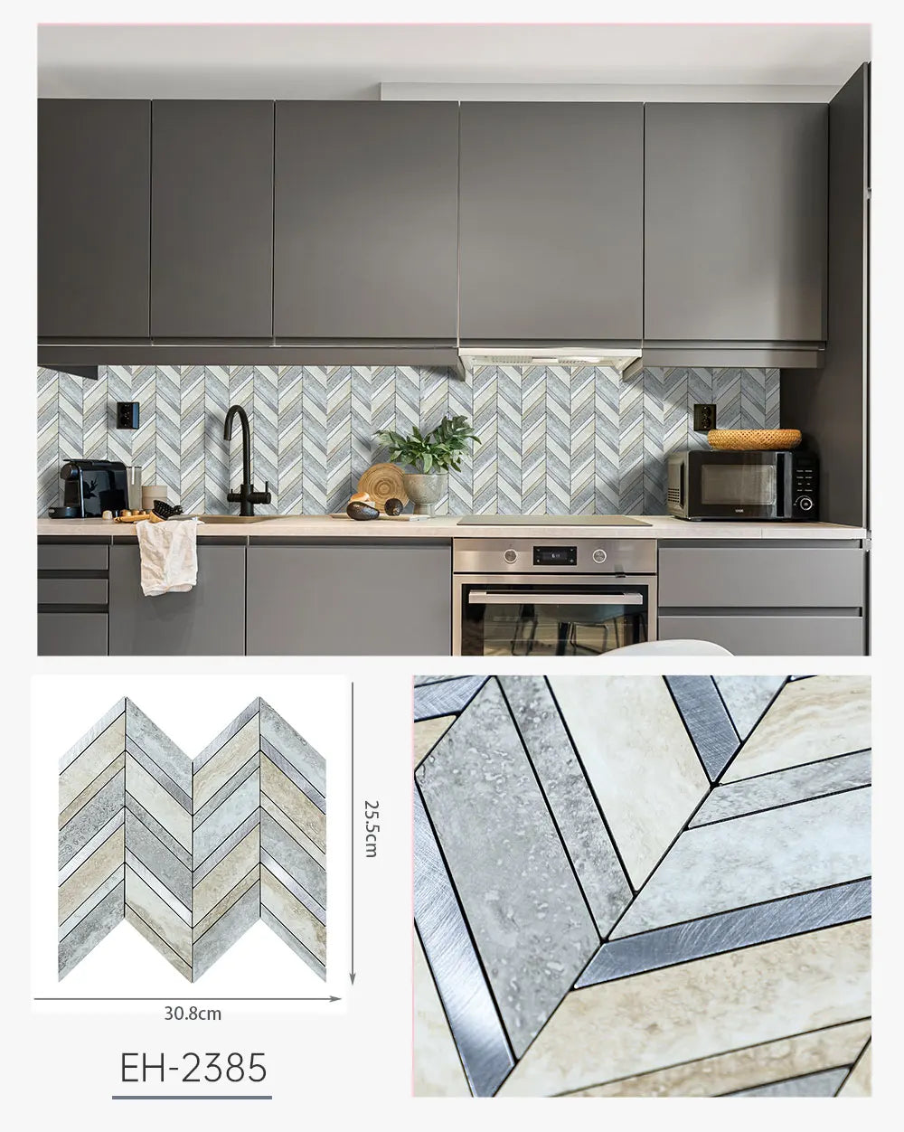 Herringbone faux stone peel-and-stick backsplash tiles, gray and white chevron pattern