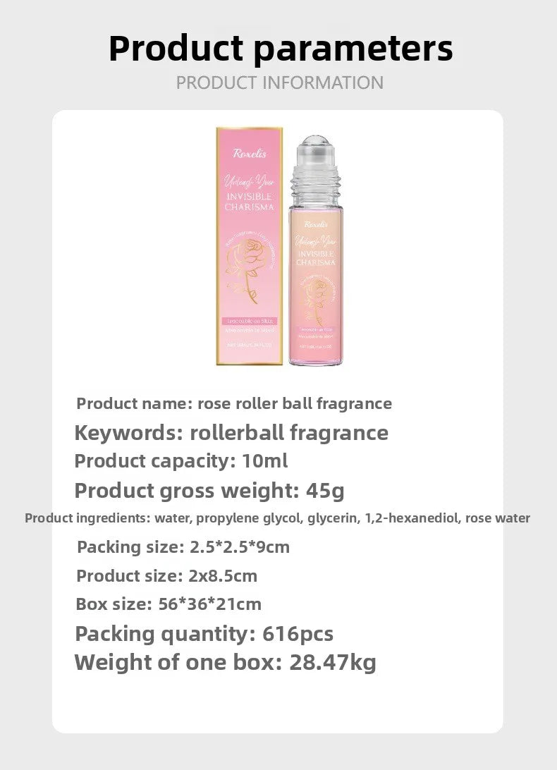 Roxelis Rose Invisible Charisma women's rollerball perfume, fresh floral scent, elegant travel-size glass bottle, 10ml.