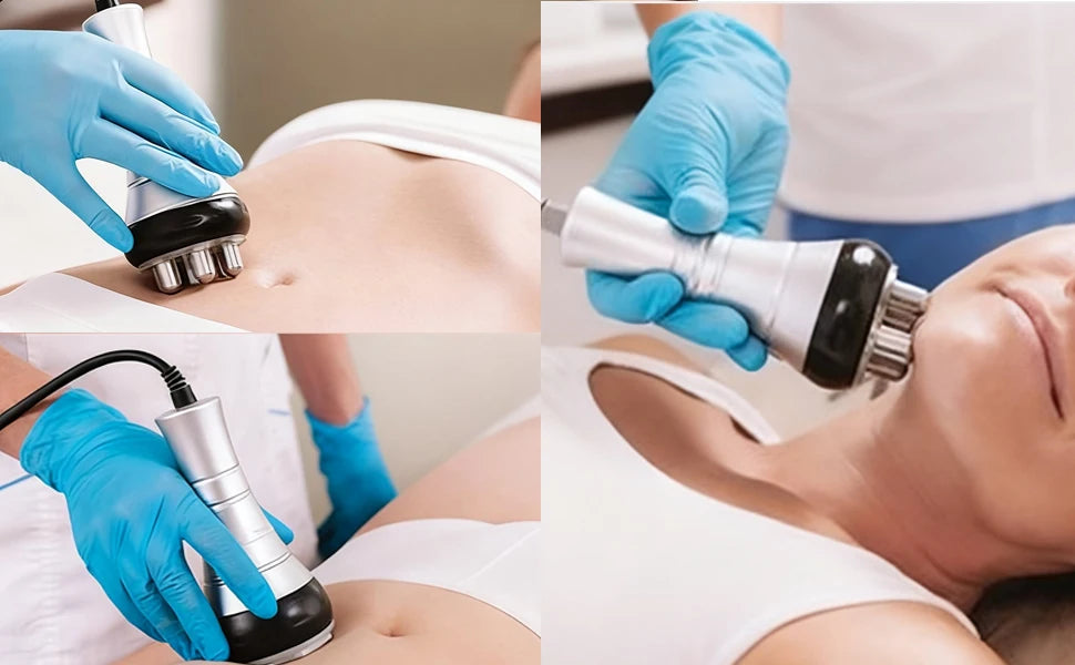 A technician in blue gloves uses a silver and black handheld ultrasonic device on a person’s abdomen and jawline.