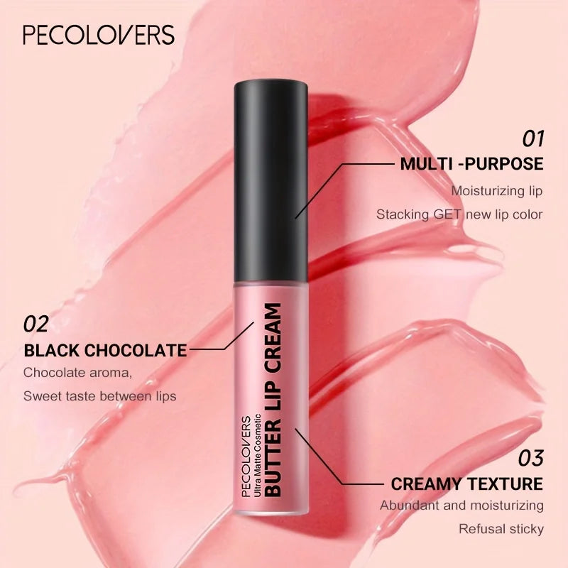 Pecolovers moisturizing butter lip cream with creamy texture and pink liquid lipstick swatch. Non-sticky, high-pigment.