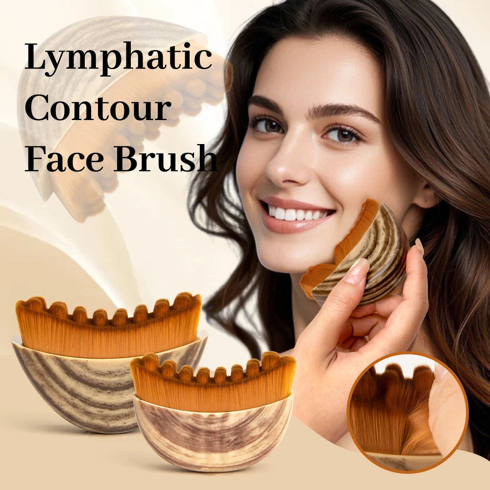 Lymphatic contour face brush with a wood-grain handle and curved, amber-colored bristles for facial massage.