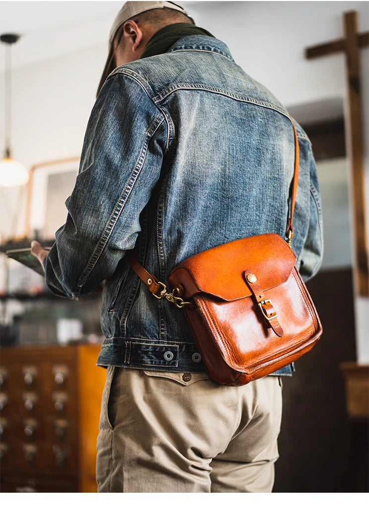 Fashion vintage outdoor daily genuine leather men's small phone shoulder bag designer handmade luxury cow leather crossbody bag