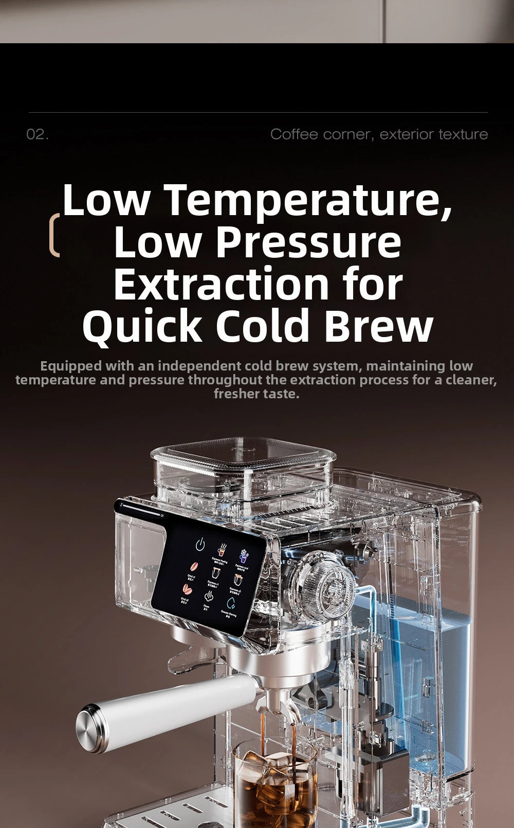 Transparent espresso machine with cold brew system, touchscreen interface, and sleek white portafilter handle.