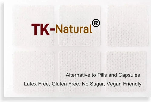 TK-Natural patch sheet with multiple small white patches; latex-free, gluten-free, vegan.