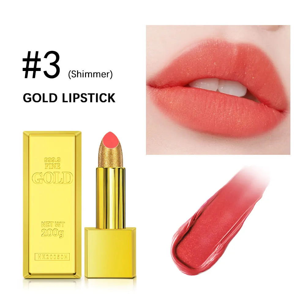 Gold brick case shimmering coral pink lipstick with glitter texture, shown on lips and as a swatch.