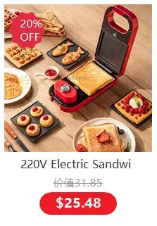 220V electric sandwich maker promotion card with “20% OFF” badge and price
