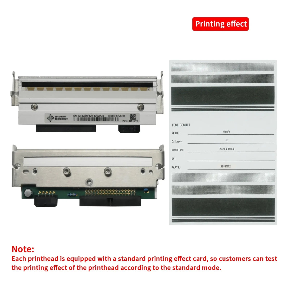 Thermal printhead assembly with test label card showing printing effect result