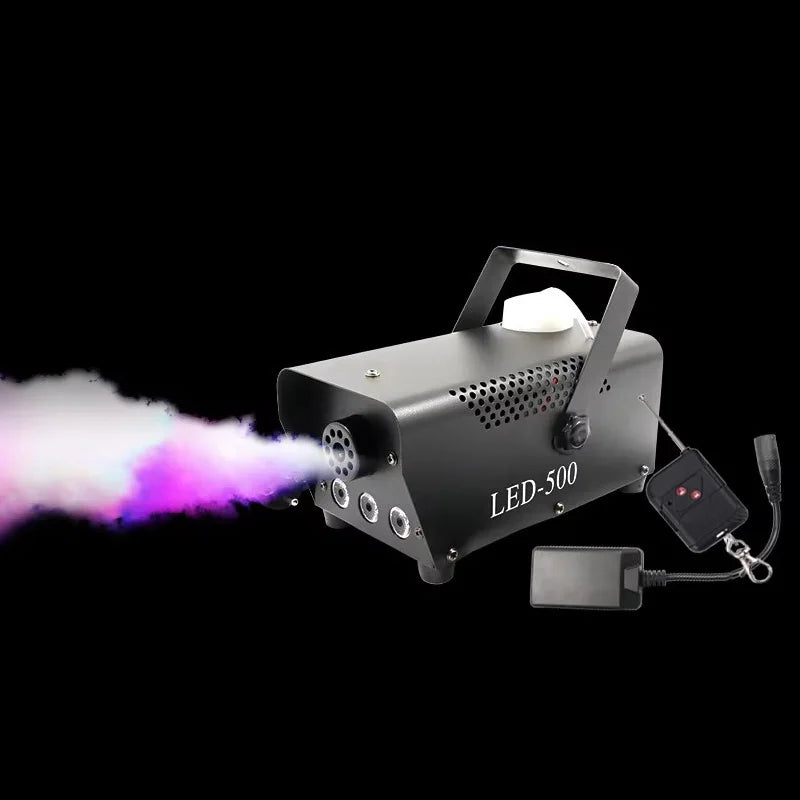 LED-500 RGB smoke machine with metal housing, carrying handle, and fog nozzle
