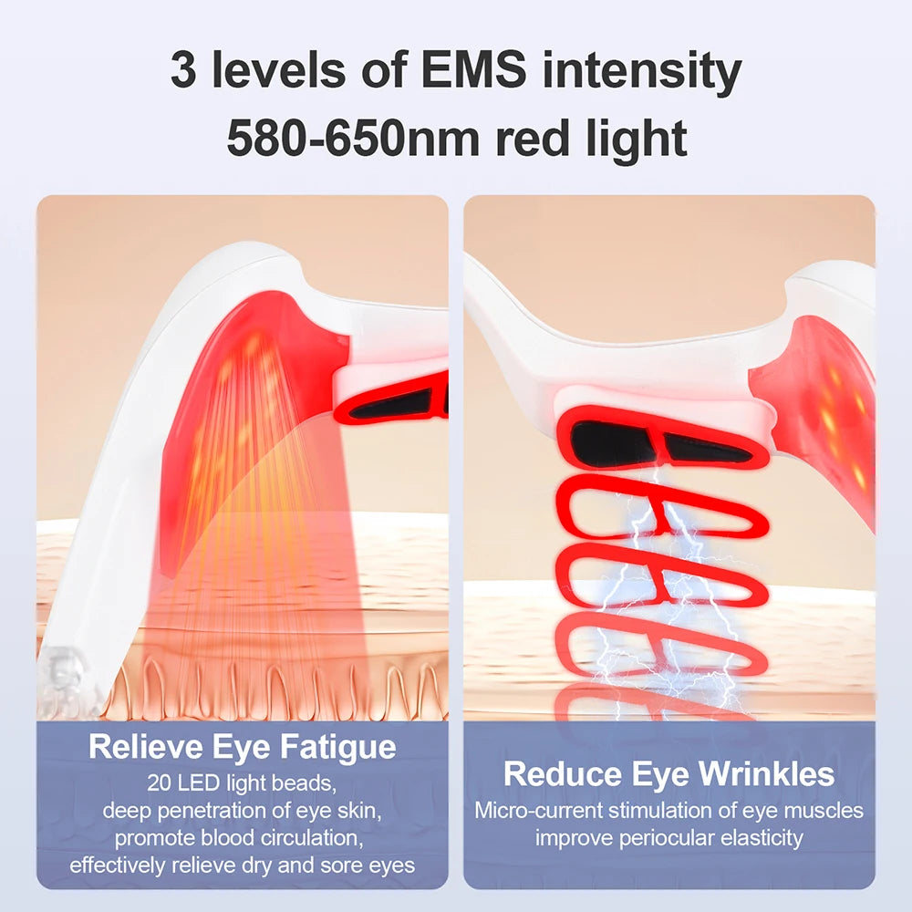 White electric red light eye massager glasses with 3 EMS levels for wrinkle reduction and eye fatigue relief.