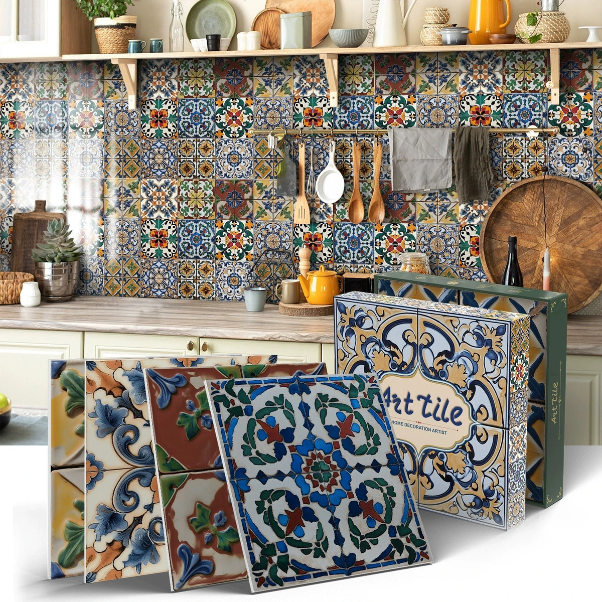 Peel-and-stick mosaic tile stickers with blue, orange, and white ornate floral pattern