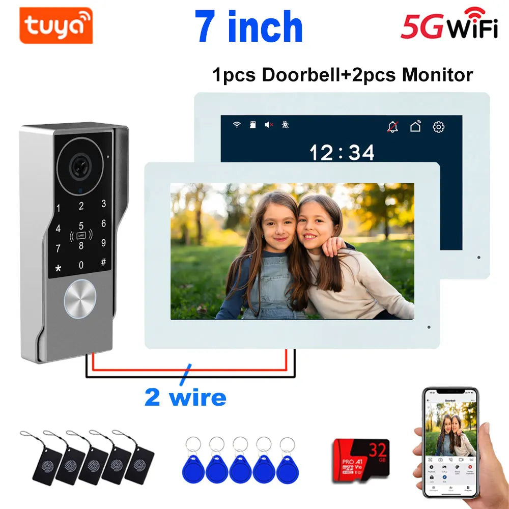 7-inch indoor monitor showing outdoor camera view with keypad video doorbell unit