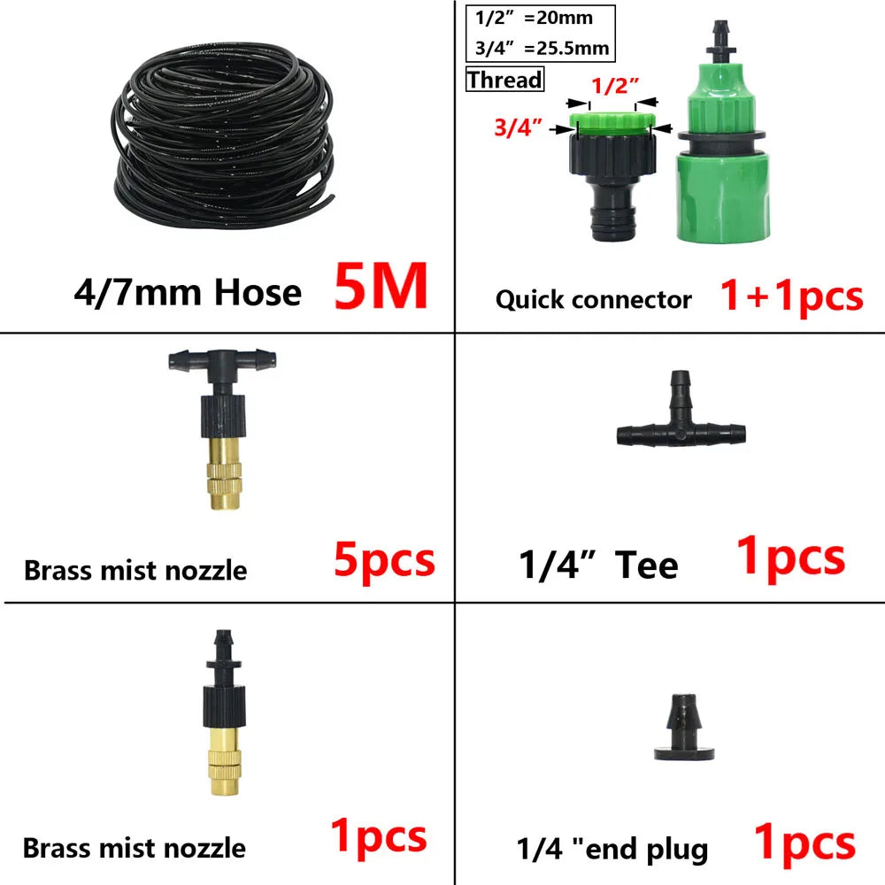 5M-30M Outdoor Misting Cooling System Garden Irrigation Watering 1/4'' Brass Atomizer Nozzles 4/7mm Hose for Patio Greenhouse