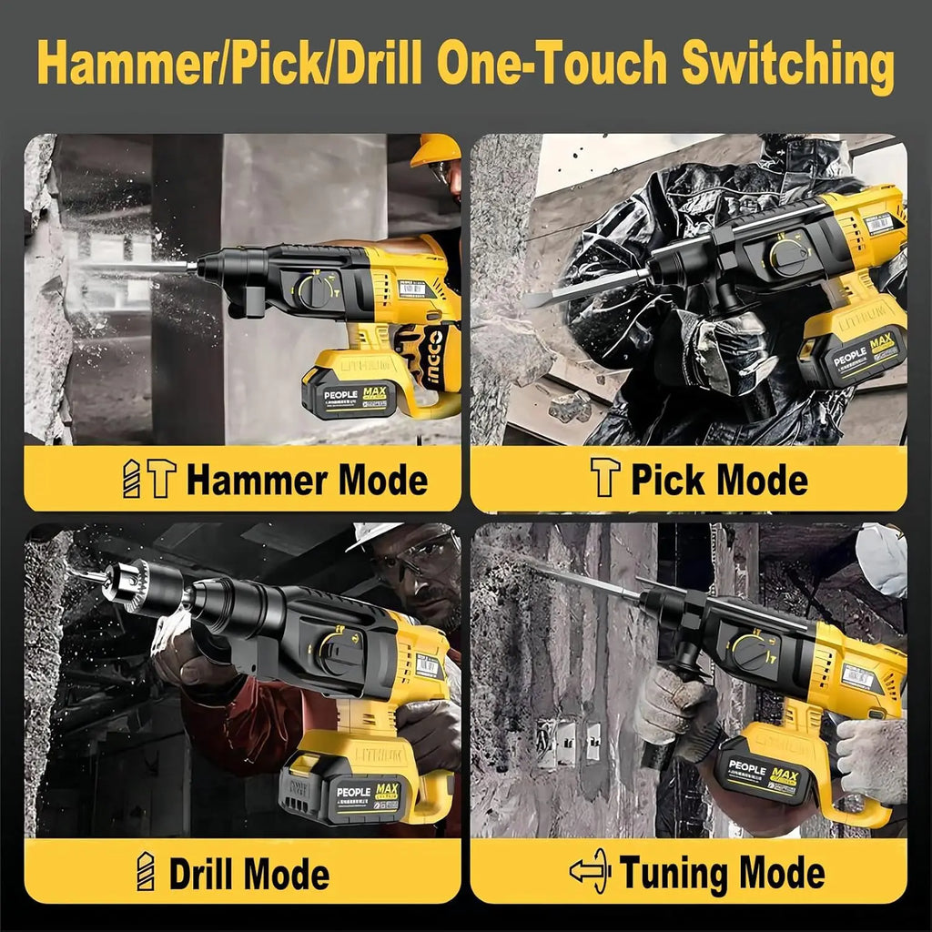 Brushless Cordless Rotary Hammer Drill 3-in-1 Heavy Duty Electric Demolition Hammer Impact Drill Concrete Breaker Chisel Power Tool High Power SDS Plus Compatible Lithium Battery