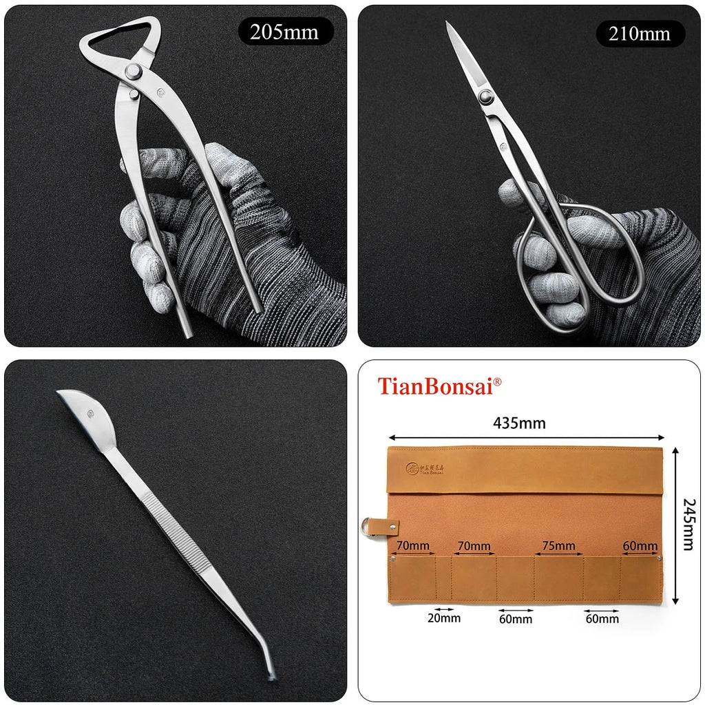 Silver bonsai pruning shears and curved snip with dark woven grips