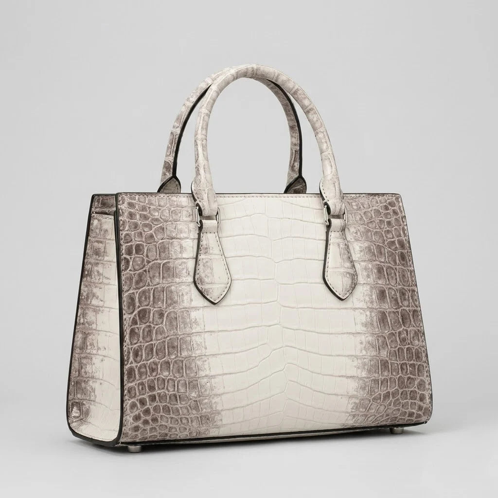 White and grey alligator embossed genuine leather designer handbag with vintage top handle style.