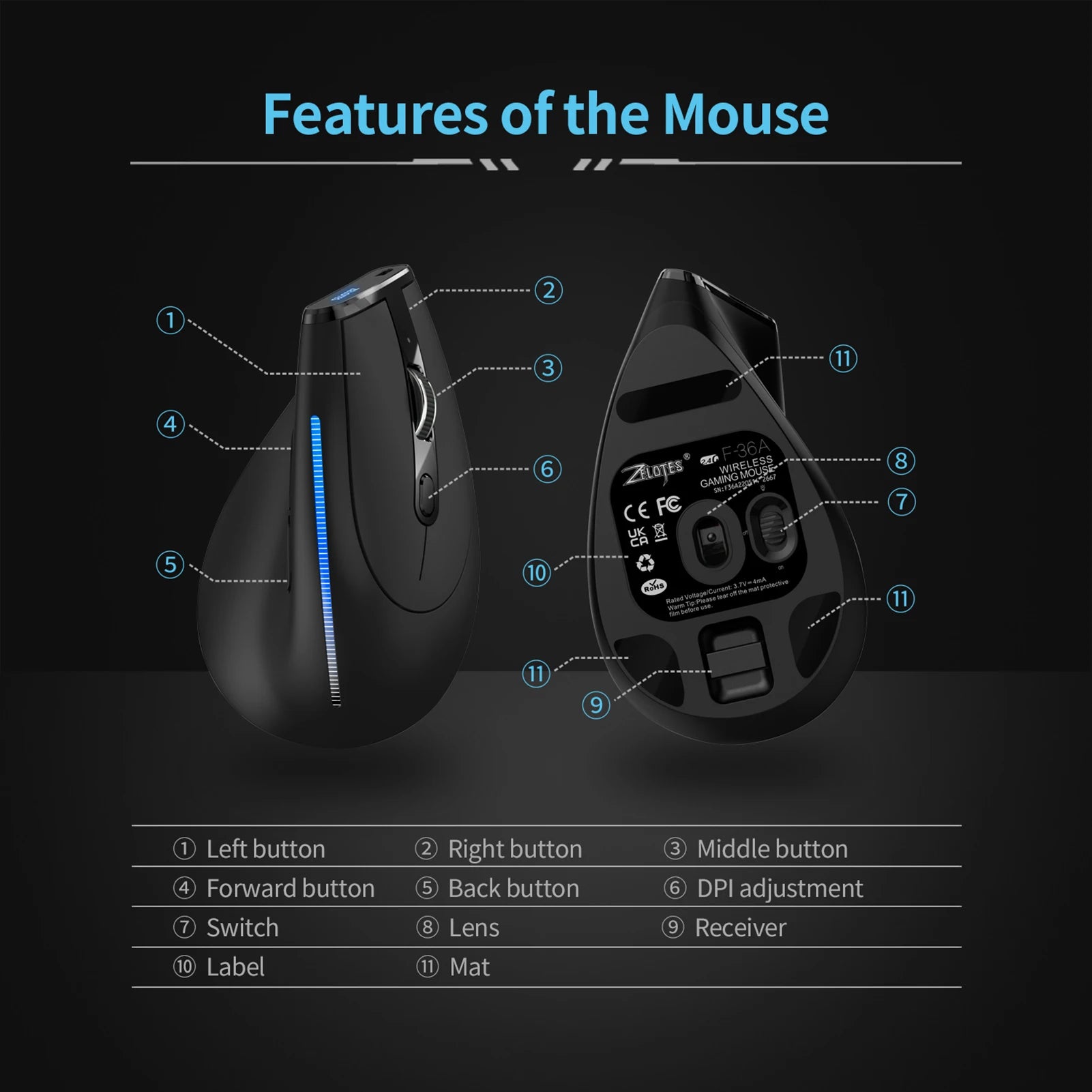 ZELOTES F-36A 2.4G Wireless Mouse Charging Blu-ray 6-button Optical mouse 3 level DPI black mouse