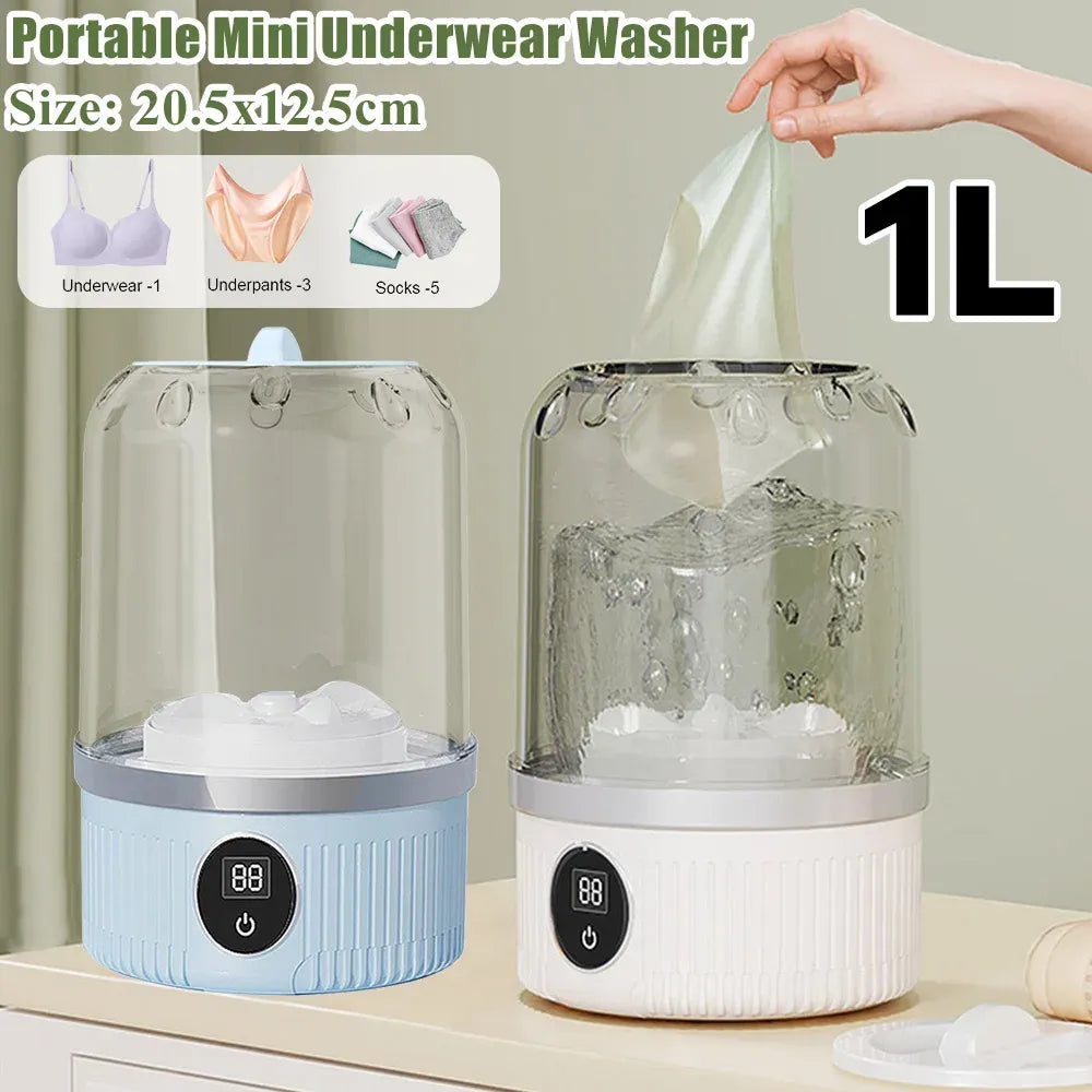 Portable mini underwear washer washing delicates and socks in a clear 1L compact travel washing machine.