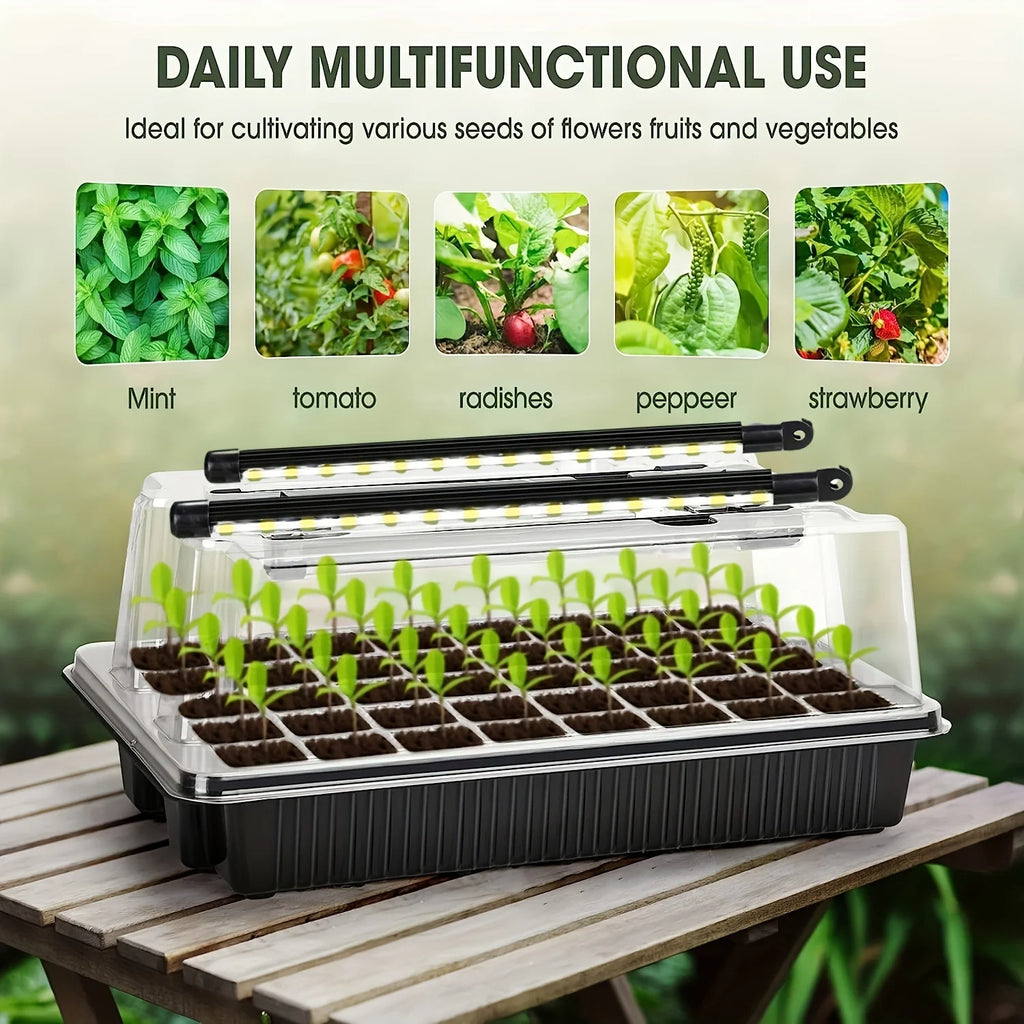 1 Set, Seed Starter Trays With 2 Long Strip Grow Lights, 40 Cells Seed Starter Kit With Humidity Dome For Home Gardene