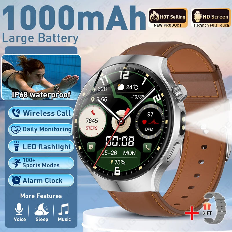 Smartwatch with black round display on brown leather-style strap