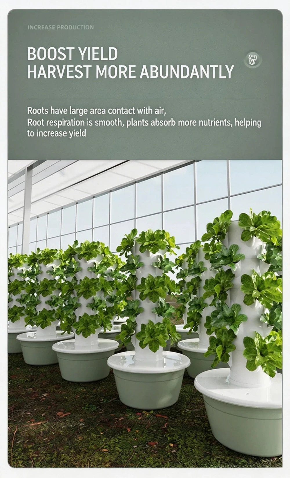 Multi-plant vertical aeroponic tower garden with rows of leafy greens in white cups